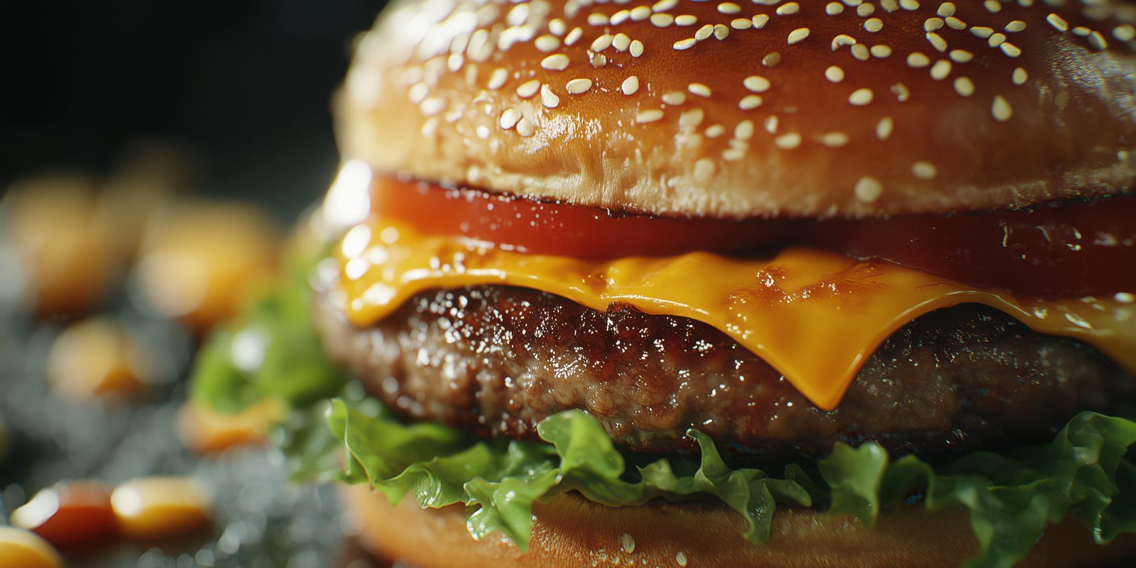 Juicy cheese burger with fresh lettuce, tomato, and sesame seed bun served on a dark surface